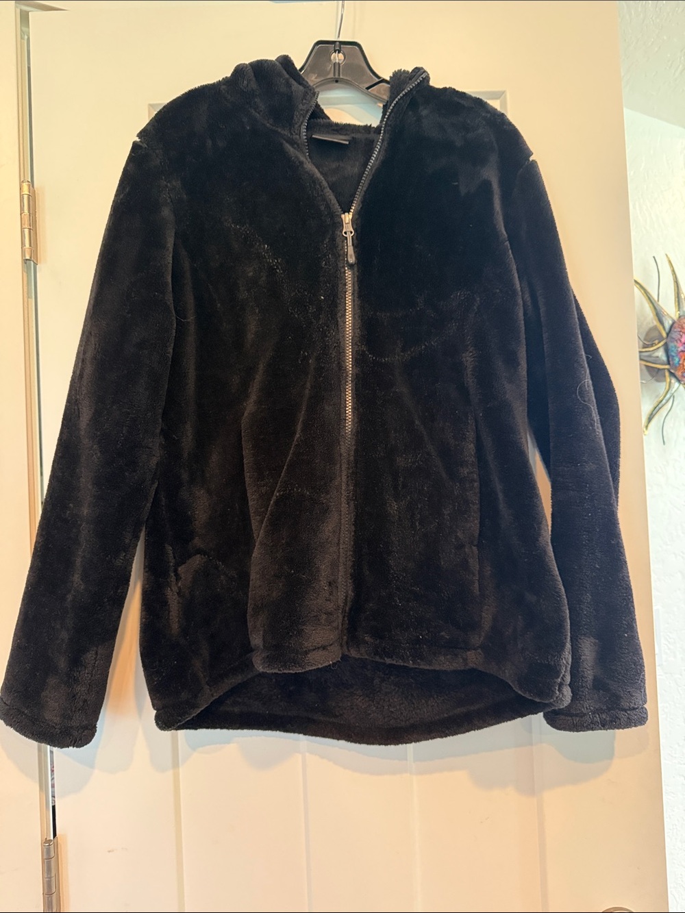 Black Plush Zip-Up Hooded Jacket